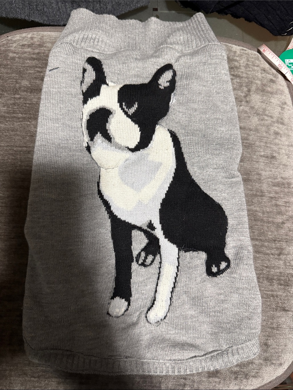 Gray Dog Sweater with Black & White Boston Terrier Motif  Pach 100%Cashmere
